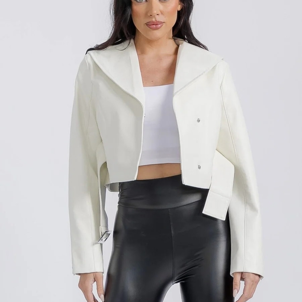 Women's White Cropped Faux Leather Jacket
